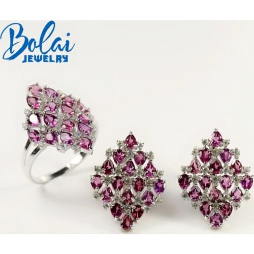 Bolaijewelry,Natural rhodolite rings and earrings jewlery set, 925 sterling silver, exquisite jewelry designed for women