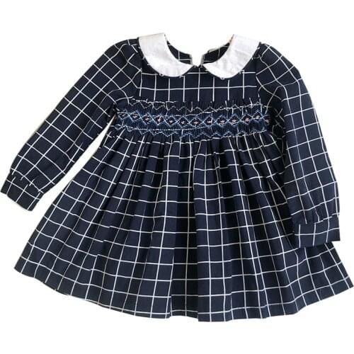 New Spring Autumn Kids Corduroy Plaid Peter Pan Collar Handmade Smocking Belt Lace Girls 12M-5T Full-sleeved Cotton Dresses