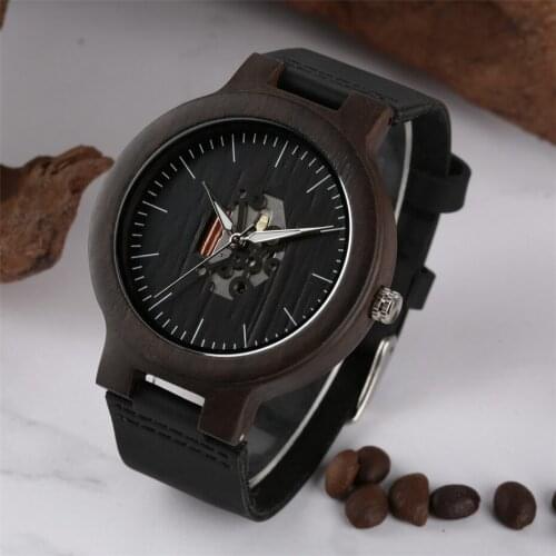 Creative Minimalist Wooden Watch Mens Quartz Steampunk Black Genuine Leather Wrist Watches reloj para hombre Top Gifts Item 2020