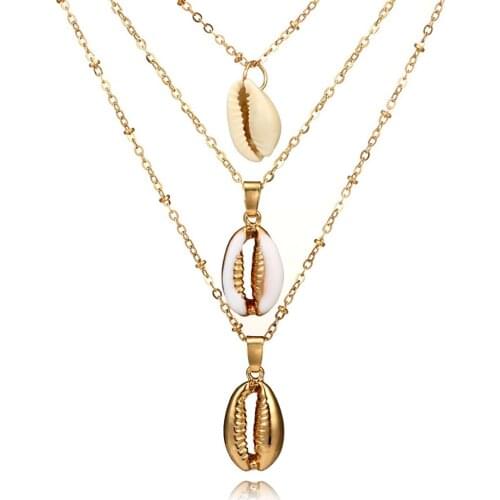 Conch Necklace Three Layers Shell Pendant Necklace Natural Shell Gold Cowrie Women Cowry Seashell Necklace Bohemian Jewelry