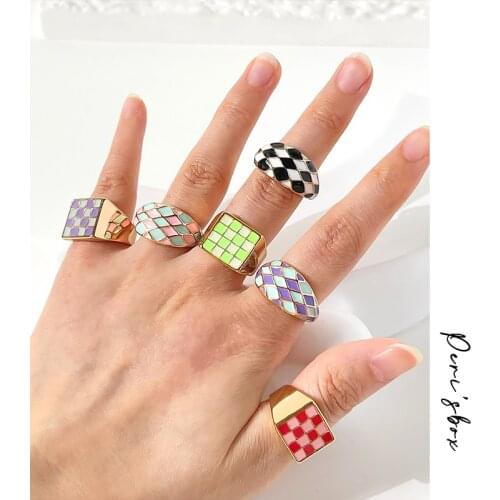 PerisBox Cute Candy Color Square Plaid Finger Ring For Women Minimalist Colorful Rhombus Plaid Enamel Chunky Rings