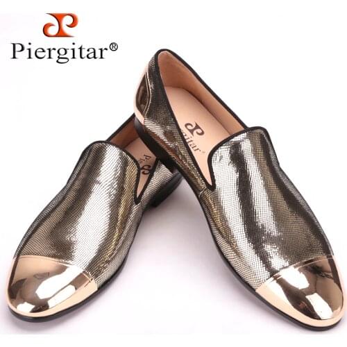 PIERGITAR 2019 new arrive Handmade Men Three color bright Sheepskin shoes with front and back Metal Weeding and prom men loafers