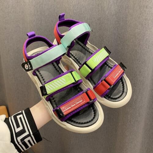 Outdoor Colorful Velcro Open Toe Shoes Female Fashion Breathable Casual Flat Sandals Women Summer Lightweight Beach Sandals