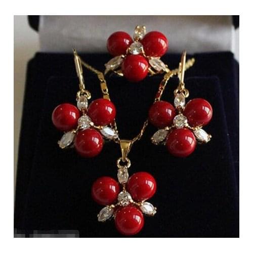 8MM Coral Red South sea Shell Pearl Craystal Earrings Ring Necklace Pendant Set