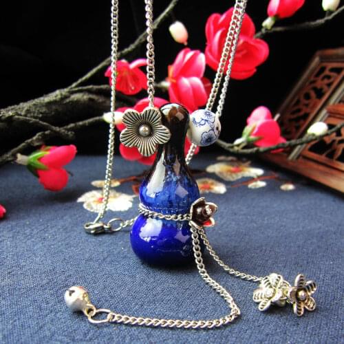 Vintage Pendant Necklaces Women Ethnic Ceramic gourd Suspension Necklace Blue Stone Sweater Necklace Chain Charm