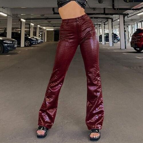 Womens Pu Leather Pants Crocodile Skin Texture Trousers High Waist Straight Female Pant Slim Casual 2021 New Fashion Autumn