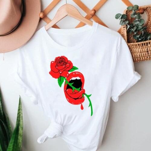 Women Summer Tshirts Floral Sexy Lip Funny 90s Cute Fashion Short Sleeve Clothes Graphic T Top Lady Print Female Tee T-Shirt