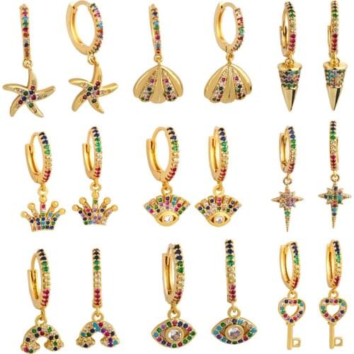 1 pair Small Hoop Earrings Women CZ Rainbow Heart Shell Star Evil Eye Jewelry Crown Ocean Seahorse Key Huggie Gold Color Earring