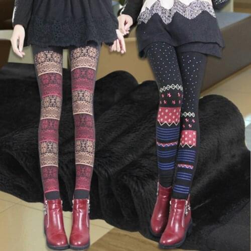Lady autumn winter floral stripe dot printed warm leggings middle waist elastic thick cashmere legging slim fitted pencil legins