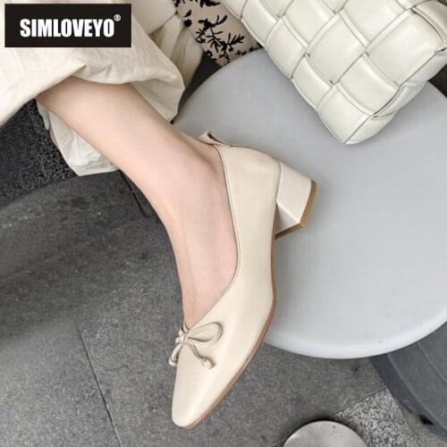 SIMLOVEYO New Women Pumps 2021 Square Toe 4cm Heels Genuine Leather Bowtie Classic Stylish Big Size 34-42 Date Summer A3352