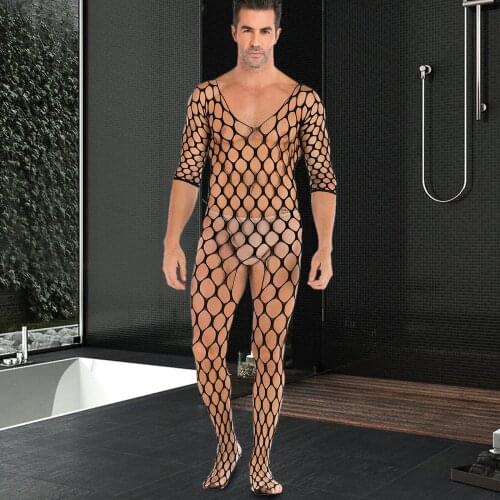 1PC Mens Sentiment Hollowed Out Black Sexy Perspective Net Intimates seksowna bielizna erotyczna Sissy One-piece stockings T3