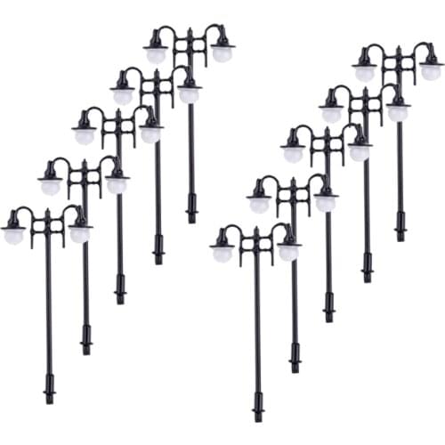 10pcs HO Scale 1:100 Model Garden Metal Lamppost Double Head Wires Bulbs Model Lights with Wires&Bulbs for Landscape Model Toys