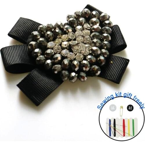 3D Handmade beaded black bowtie Patches for clothing DIY sew on sequin rhinestone parches Beaded applique parches bordados para