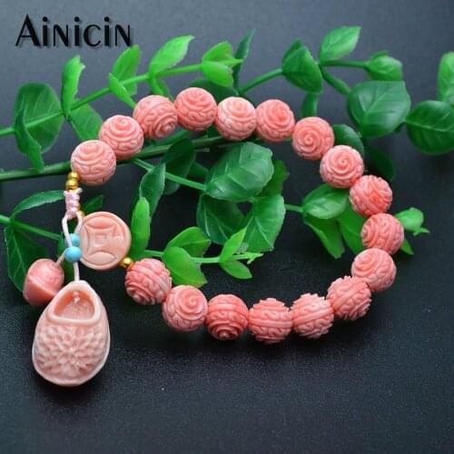 New Arrival Pink Color Shoe-shaped Gold Ingot Charms Stretch Bracelets Flower Carved Money Coin Beads Fashion Women Jewelry 5pcs