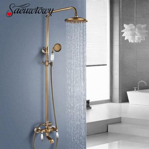 Antiquebrass Wall Mounted Shower Faucet Bathroom Faucet Shower Bracket Hot And Cold Tap Rotatble Spout Faucet Ceramic Handle Set