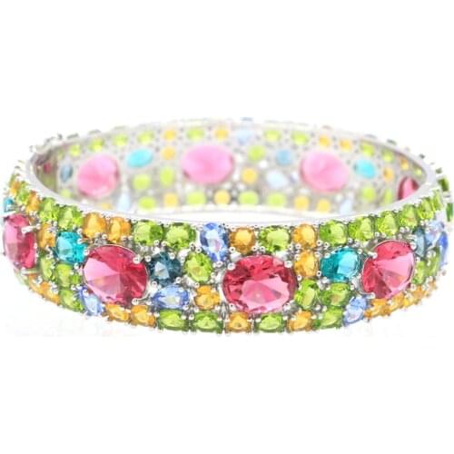 75x17mm Big Heavy 43g Created Tourmaline Peridot Citrine Aquamarine Kunzite Dating Women Silver Bangle Bracelet 7.5"