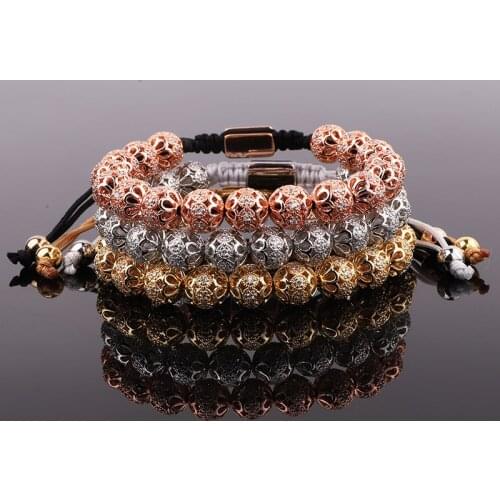 New Design Luxury Men Bracelet Jewelry Gold Plated CZ Pave Ball Charm Beaded Macrame Adjustable Bracelet