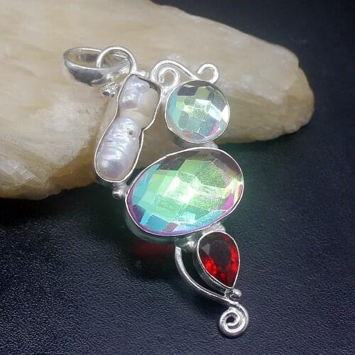 Gemstonefactory Jewelry Big Promotion 925 Silver Colorful Topaz Garnet Biwa Pearl Women Ladies Mom Gifts Necklace Pendant 0349