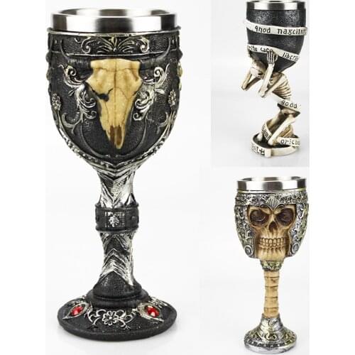 3D Gothic Wine Goblet Contain Skeleton Viking Pirate Slave Gear Skull Metal&Resin Wine Glass BEST Halloween Gifts Bar Drinkware