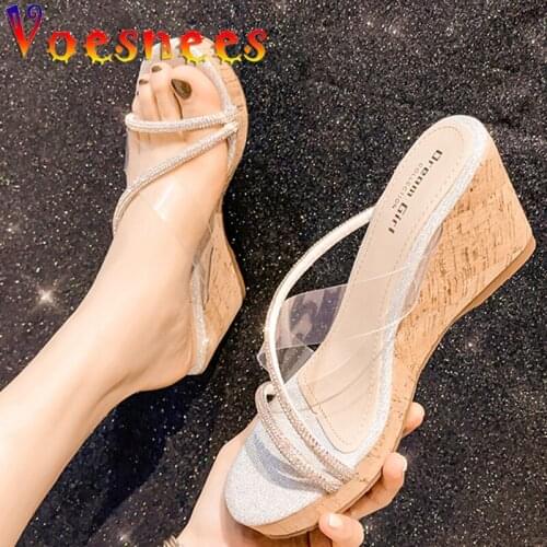 Summer New Korean Style Wedges Slippers Bling Chain Transparent Platform Walk Show Sandals Sweet Fairy High Heels Women Shoes