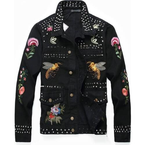 Flower Embroidery Denim Jackets Mens Punk Rivets Pleated Jeans Jackets Singers Dancers Jackets