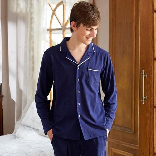 Men Pajamas Set Cotton Sleepwear solid color Nightwear Long Sleeved Sleep Clothing Casual Nighties Autumn Male Lounge