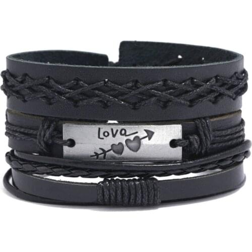 Fashion Punk Hippie Love Heart Black Bracelet 3pc Set Women Men Weave Leather Wristbands Bangle Wrap Vintage Hiphop Jewelry Gift