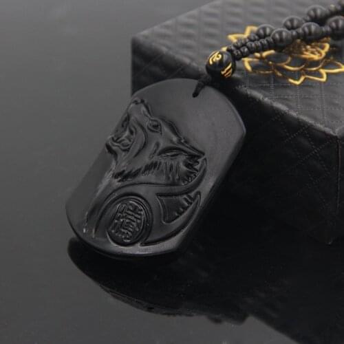 Hand Carved Natural Genuine Obsidian Howling Wolf Head Amulet Pendant Necklace