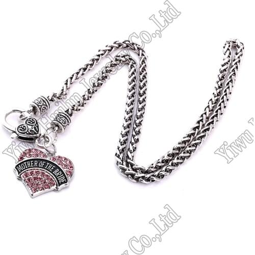 Mother of the bride pendants wedding withe rhinestone decoration heart charms necklace jewelry with wheat chain