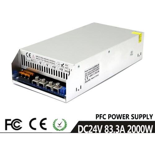 Regulated PFC 24VDC Power Supply Switching 83.3A 2000W Driver Transformers 110V 220V AC To DC 24V SMPS for LED Light CCTV Motor