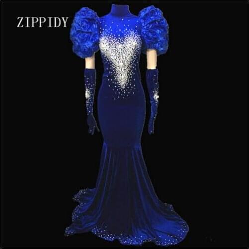 Sparkly Evening Celebrate Tail Blue Dresses Rhinestones Sexy Long Train Birthday Dress Stage Prom Performance Wear