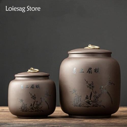 Loiesag Sculpture Purple Sand Tea Cans Puer Sealed Ceramic Cans Home Moisture Proof Confectionery Dried Fruit Spice Storage Jar