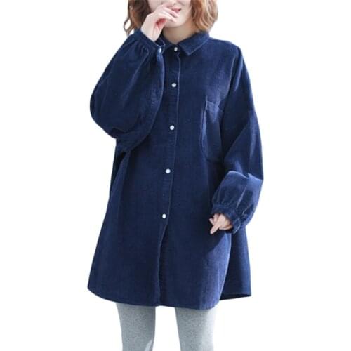 Corduroy Blouse Shirt Women Tops spring Women Korean Long Shirt coat Womens Lantern Sleeve Plus size femme Tops Dark blue F259