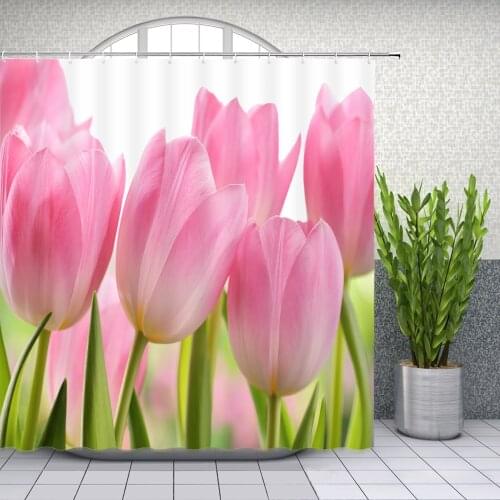 Pink Flower Shower Curtains Tulip Floral Plant Green Leaves Spring Scenery Bathroom Decor Polyester Cloth Hanging Curtain Set
