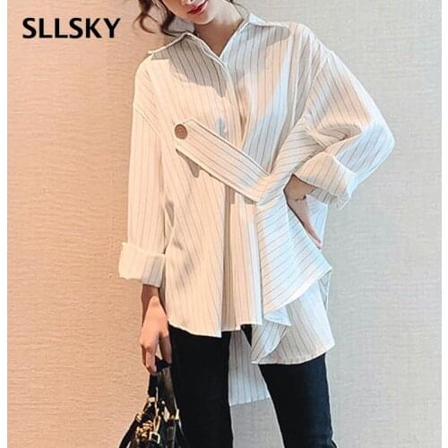 SLLSKY Fashion Stripe Printted Women Blouse Summer Single Breasted Turn-Down Collar Loose Shirts Long Sleeve Irregular Shirt