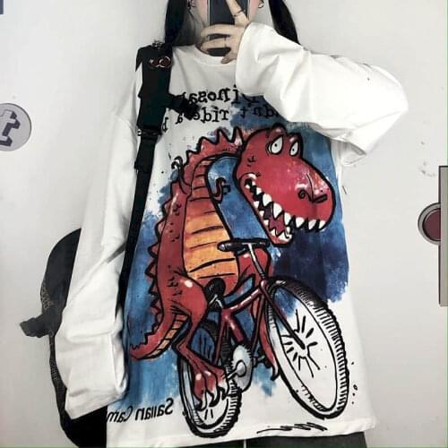Womens T-shirt Graffiti Long-sleeved Spring Autumn 2021 New Korean Student Cartoon Print Loose Round Neck Oversized Goth Top