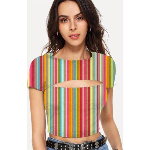 Somepet Colorful T shirt Women Stripe Navel Bare Gradient Shirt Print Rainbow T-shirts 3d Womens Clothing Punk Rock New