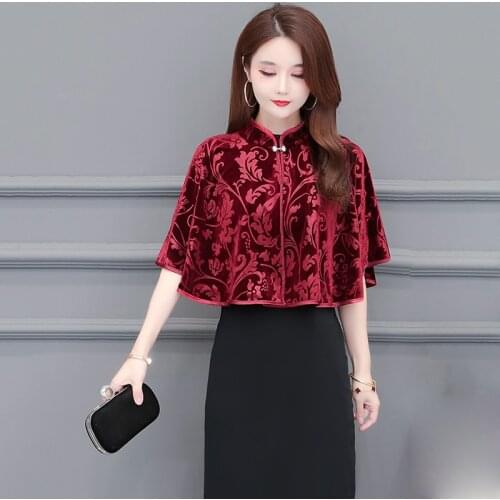 Retro Fashion Womens Shawl Coat Spring Autumn Cheongsam Outside Shawl Golden Velvet Cloak Short Jacket Cardigan Outerwear Femal