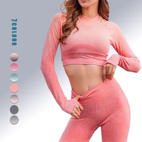 Women Yoga Set Long Sleeve Seamless High Waist Leggings Sport Bra Gym Suit Workout Fitness Wear Gradient Outfit Running Clothing
