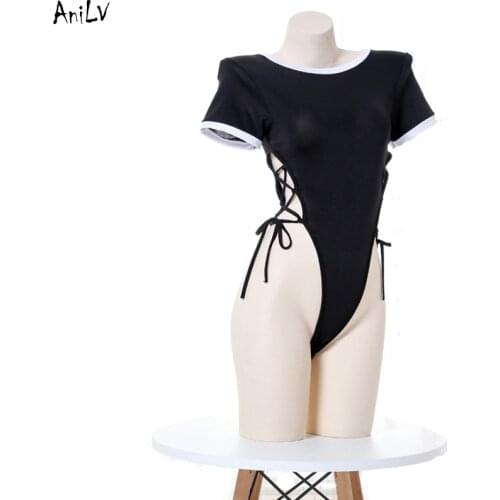 AniLV School Student Black Bodycon Swimsuit Costume Anime Girl Tight Leotard Bodysuit Swimwear Uniform Lingerie Cosplay