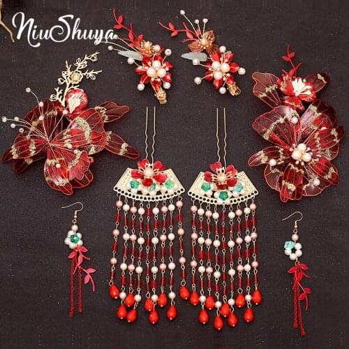 NiuShuya Handmade Chinese Vintage Bridal Red Liquid Flower Headpiece Hair Accessories Women Girl Hair Decoration Hair Jewelry