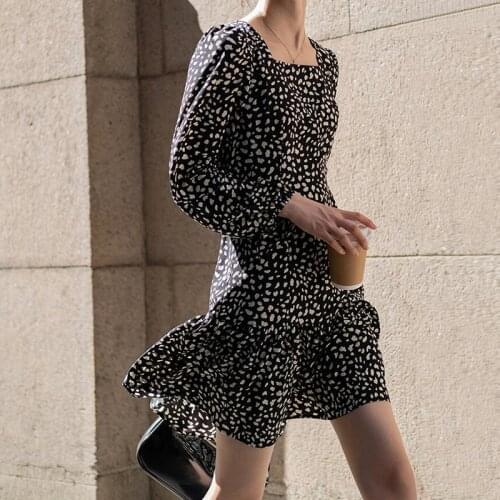 Russian Style 2021 Womens Summer Lantern Long Sleeve Dress Square Collar Polka Dot Dress Ruffle Chiffon Boho Mini Dresses