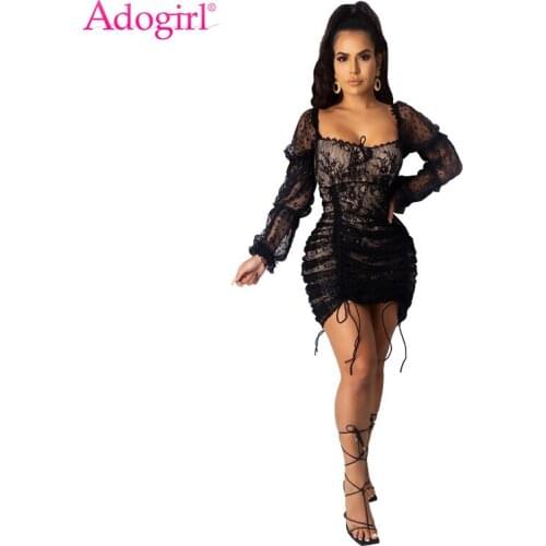 Adogirl Women Sexy Polka Dots Sheer Mesh Lace Dress Strapless Long Sleeve Drawstring Bodycon Mini Night Club Party Dresses