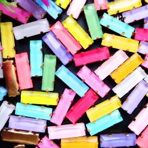 Gold claw settings Jelly candy color glass Crystal 7*21mm Rectangle shape 20pcs/p Crystal rhienstone sew on shoes bags diy