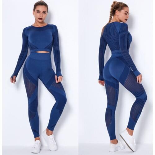 2021 Navy Yoga Sets 2 PCS Sports Suit Women Sportswear Sports Outfit Fitness Set Athletic Tracksuit Seamless Workout Clothes