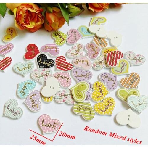 50Pcs/lot Mixed Color love shaped Buttons 2 Holes Printing Wooden Buttons decorativos Scrapbooking Sewing Accessories