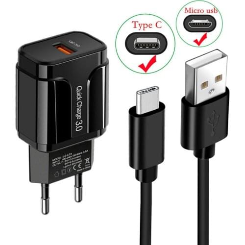18W 3A Quick Charge Adapter Micro USB Cable For Samsung Galay S20 FE J3 J5 A11 A5 A7 A10 Note 20 A71 M31S Phone Type C Charger