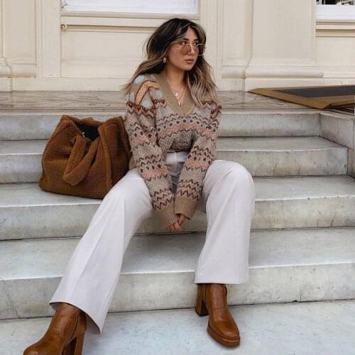 Ardm Woman Sweaters Fashion Ribbed Trims Jacquard Cropped Knitted V Neck Sweater Vintage Long Sleeve Pull Femme Pullovers Tops