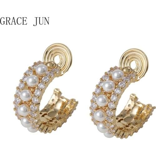 GRACE JUN New Mosquito Coil Swirl Clip on Earrings for Women Popular Pearl Cubic Zircon Material C Shape Hoop Earrings Ear Clip