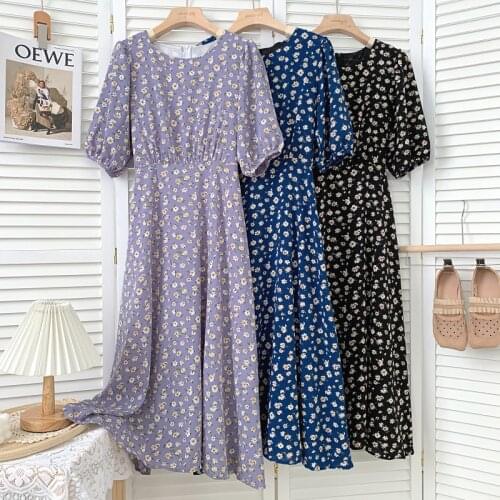 Croysier Casual Dresses For Women 2021 Elegant Waist Tie Vintage Floral Chiffon Midi Dress O-Neck Short Puff Sleeve Summer Dress